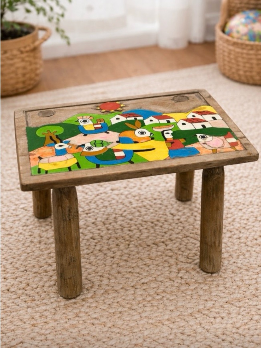 Hand Painted Folk Art Wood Stool La Palma El Salvador Milking Stool Handmade